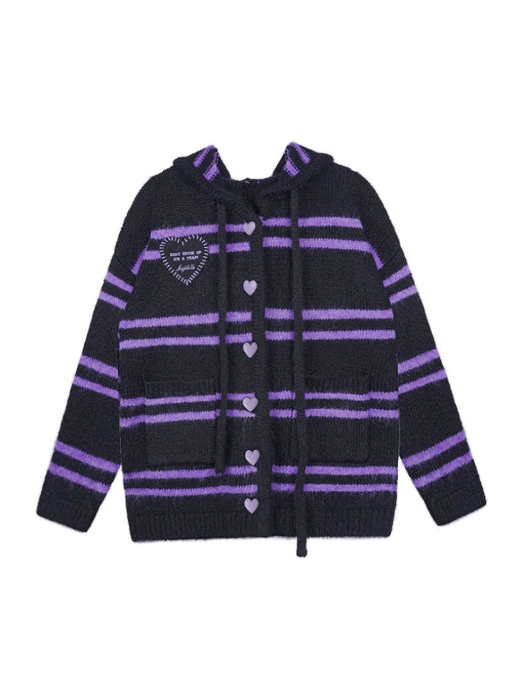 Black & Purple Striped Hooded Sweater Coat