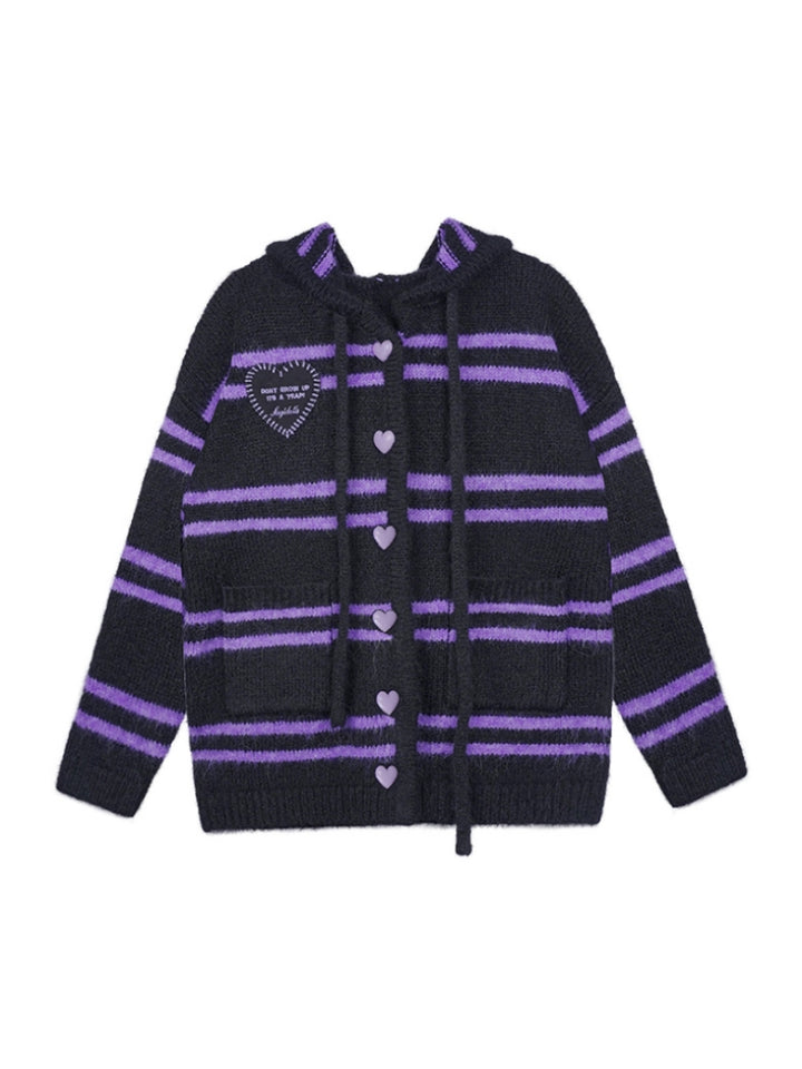 Black & Purple Striped Hooded Sweater Coat