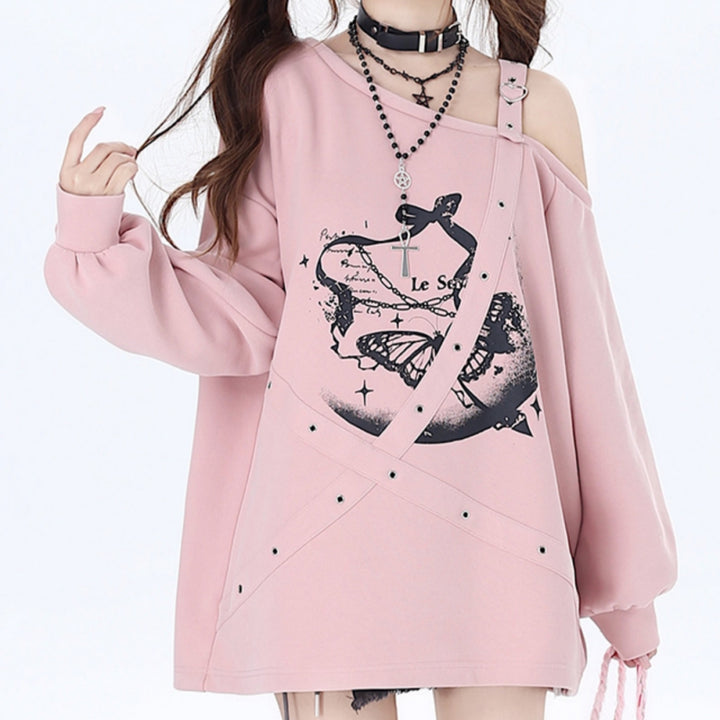 Butterfly Pattern Off-Shoulder Strap Sleeve Sweatshirt Top