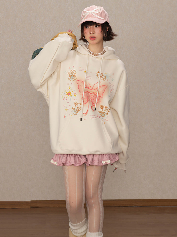 Butterfly Print Cream Hooded