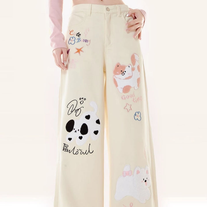 Cartoon Kitten Embroidered Straight-Leg Casual Pants