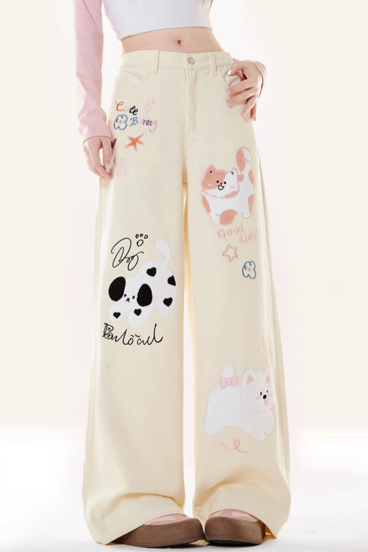 Cartoon Kitten Embroidered Straight-Leg Casual Pants