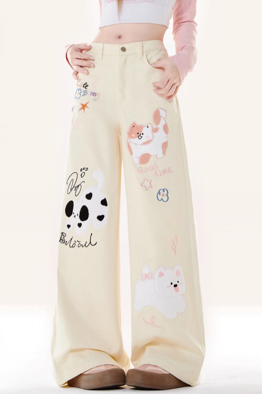 Cartoon Kitten Embroidered Straight-Leg Casual Pants