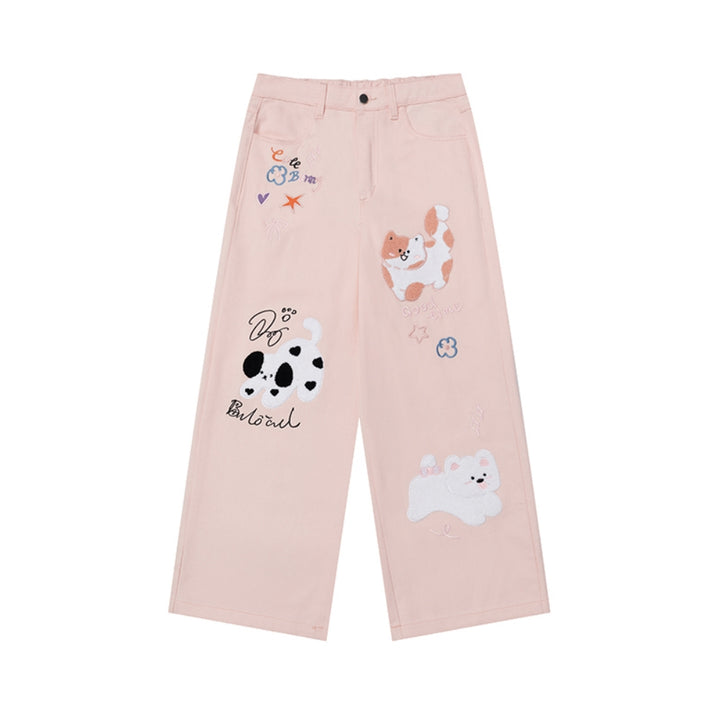 Cartoon Kitten Embroidered Straight-Leg Casual Pants