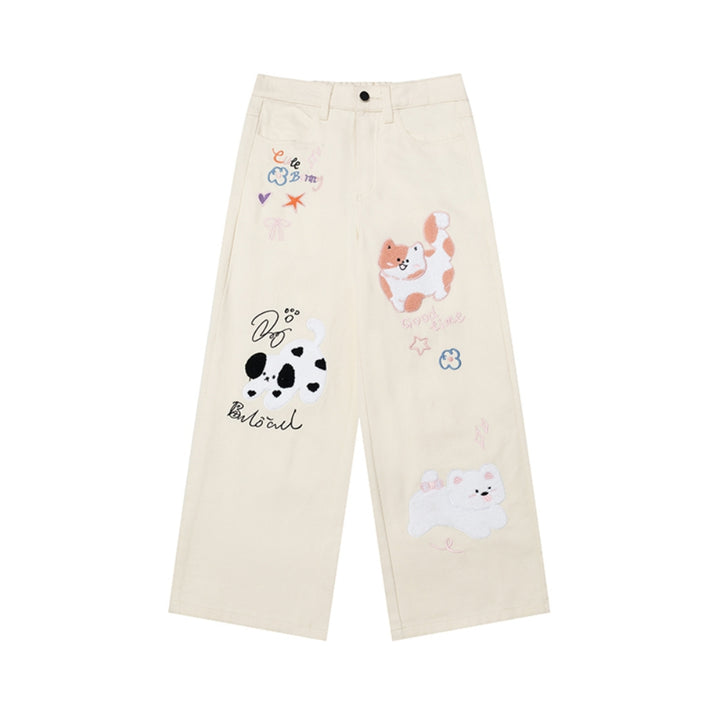 Cartoon Kitten Embroidered Straight-Leg Casual Pants