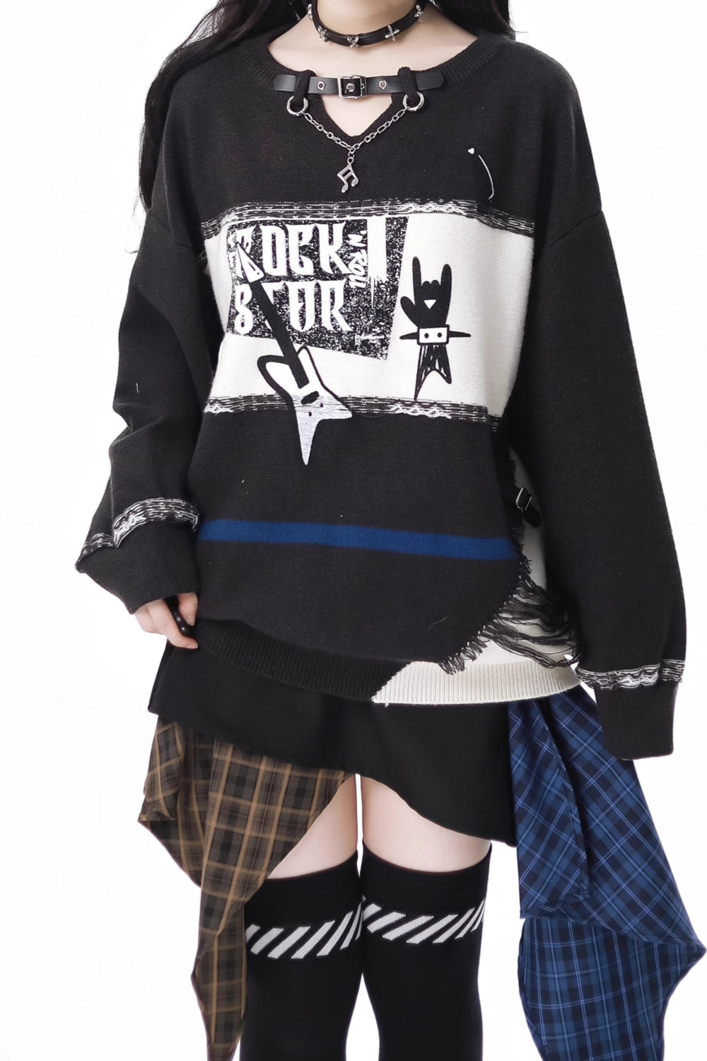 Guitar Print Striped Autumn/Winter Casual Sweater / Skirt Coordinated Set