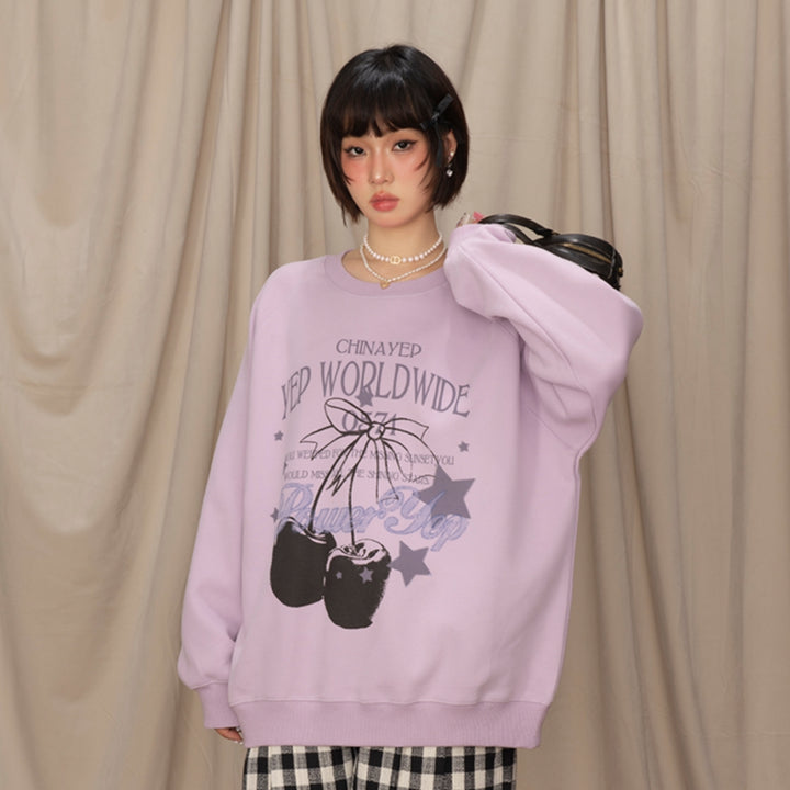 Cherry Print Round Neck Purple Sweatshirt