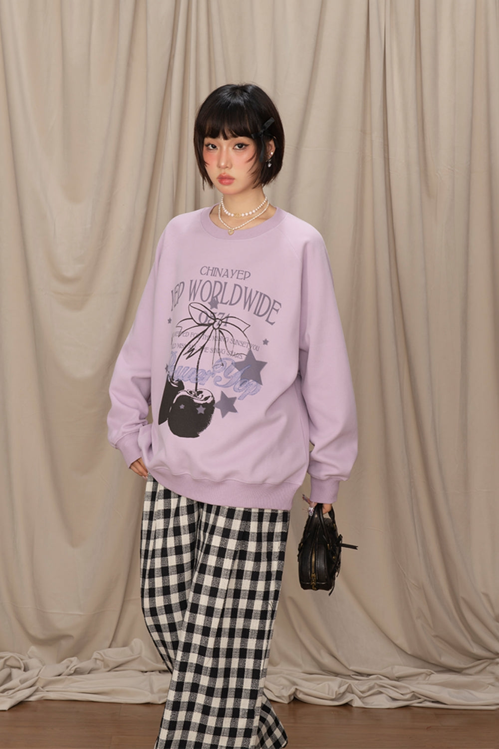 Cherry Print Round Neck Purple Sweatshirt