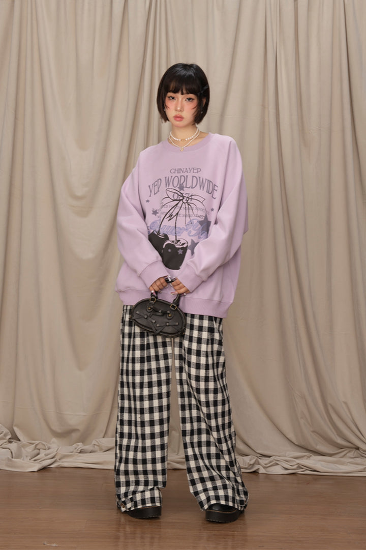 Cherry Print Round Neck Purple Sweatshirt