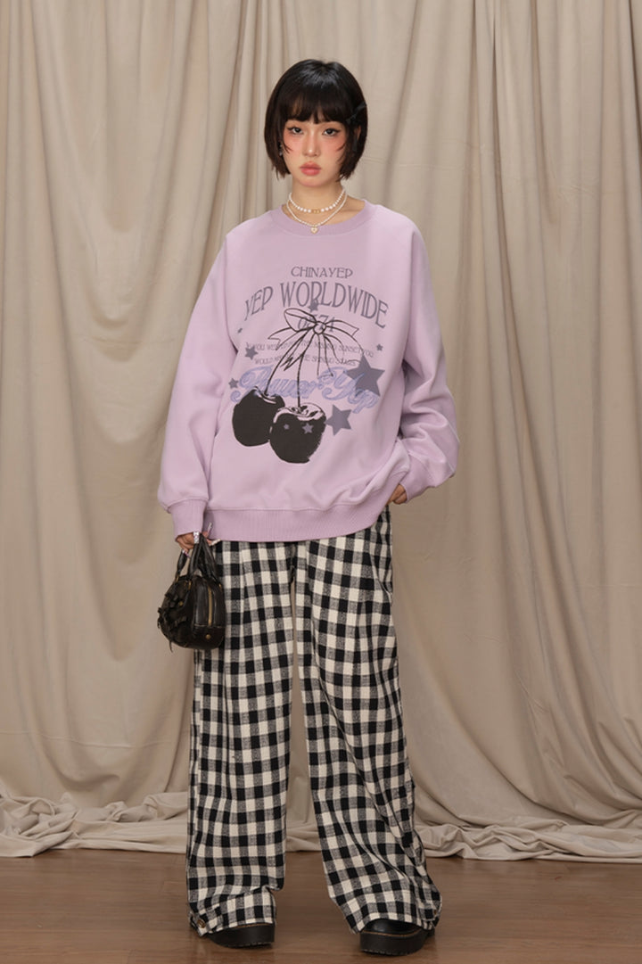 Cherry Print Round Neck Purple Sweatshirt