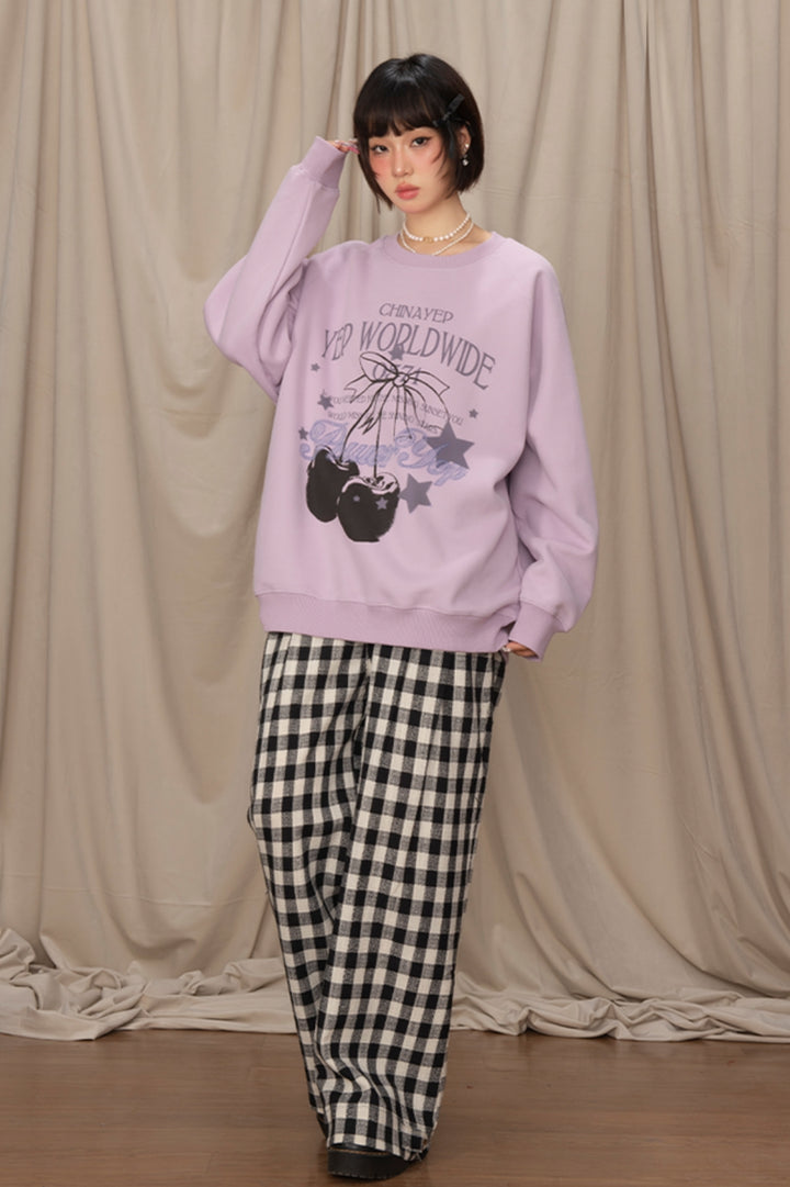 Cherry Print Round Neck Purple Sweatshirt