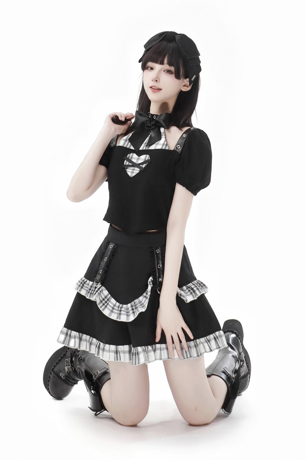 Black and White Checkered Patchwork Summer/Autumn Heart Cut-Out Top/Sweatshirt Skirt