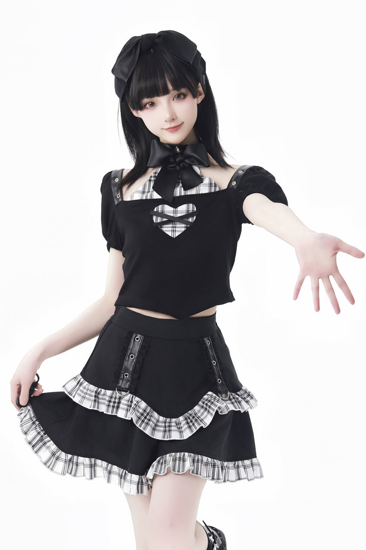 Black and White Checkered Patchwork Summer/Autumn Heart Cut-Out Top/Sweatshirt Skirt