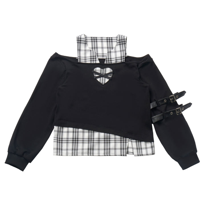 Black and White Checkered Patchwork Summer/Autumn Heart Cut-Out Top/Sweatshirt Skirt