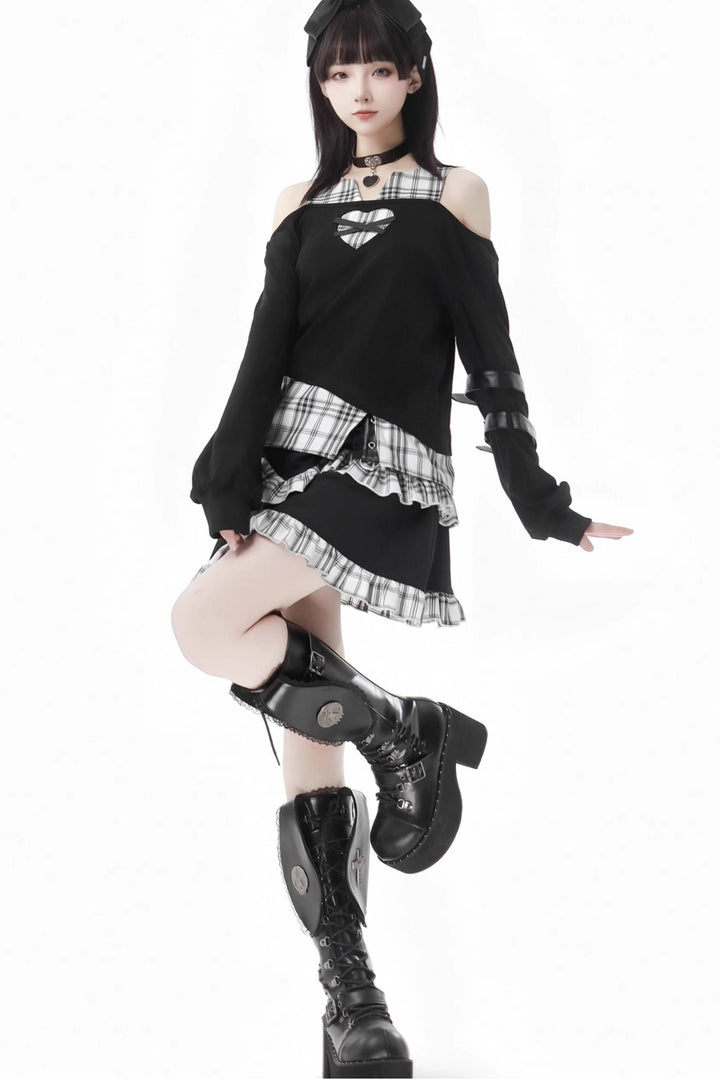 Black and White Checkered Patchwork Summer/Autumn Heart Cut-Out Top/Sweatshirt Skirt