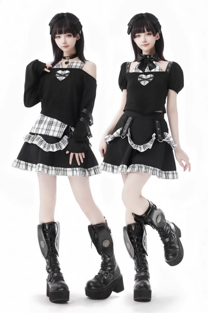 Black and White Checkered Patchwork Summer/Autumn Heart Cut-Out Top/Sweatshirt Skirt