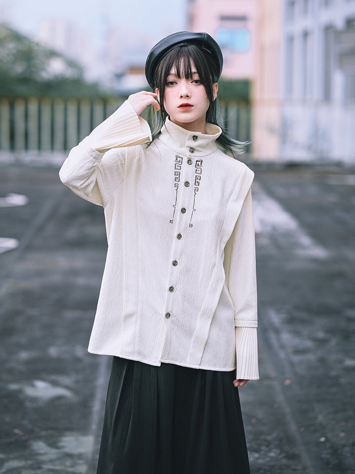 Chinese-style Embroidered Pleated Sleeve Stand Collar Shirt