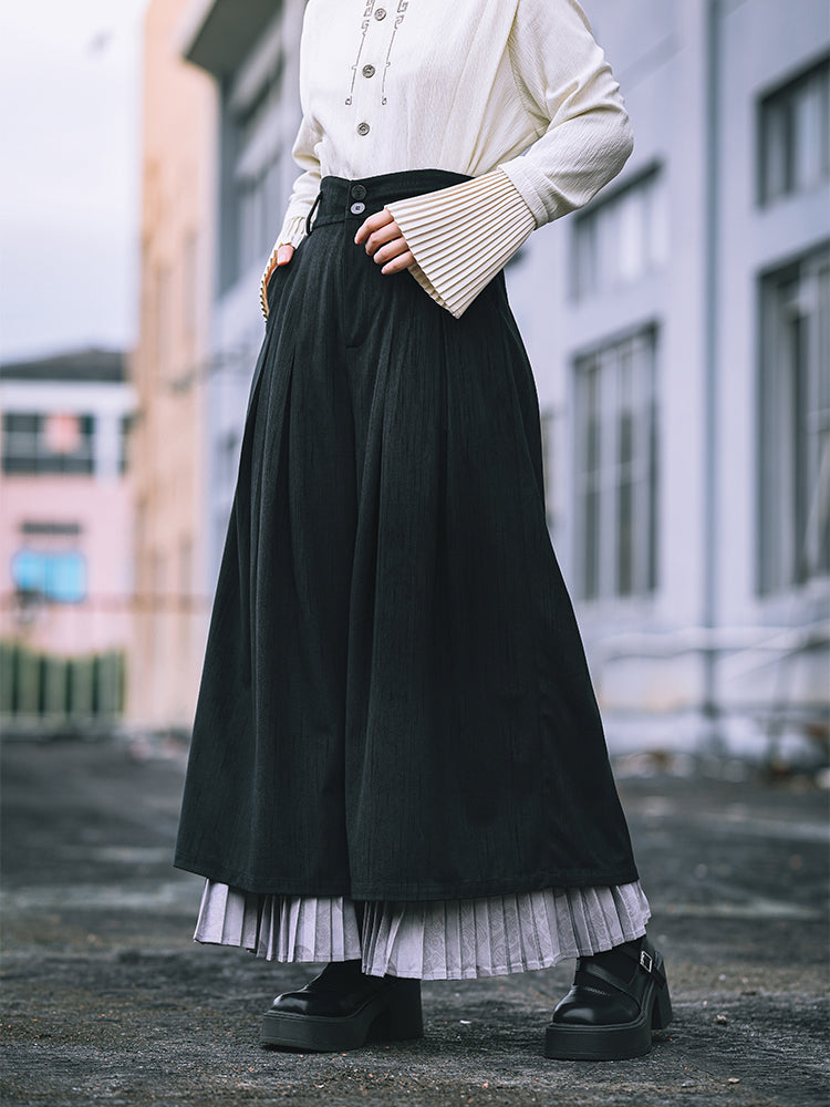 Chinese Style Double-Layer Pleated Black High-Waisted Wide-Leg Pant