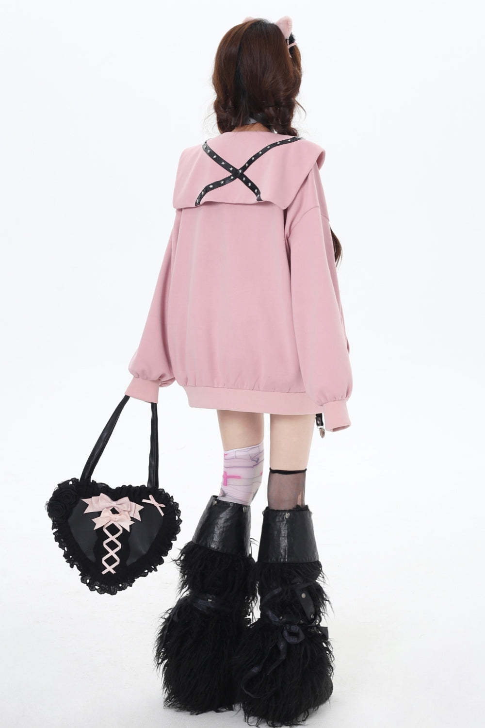 Pink/Gray Japanese Subculture Navy Collar Oversized Hooded Coat for Spring