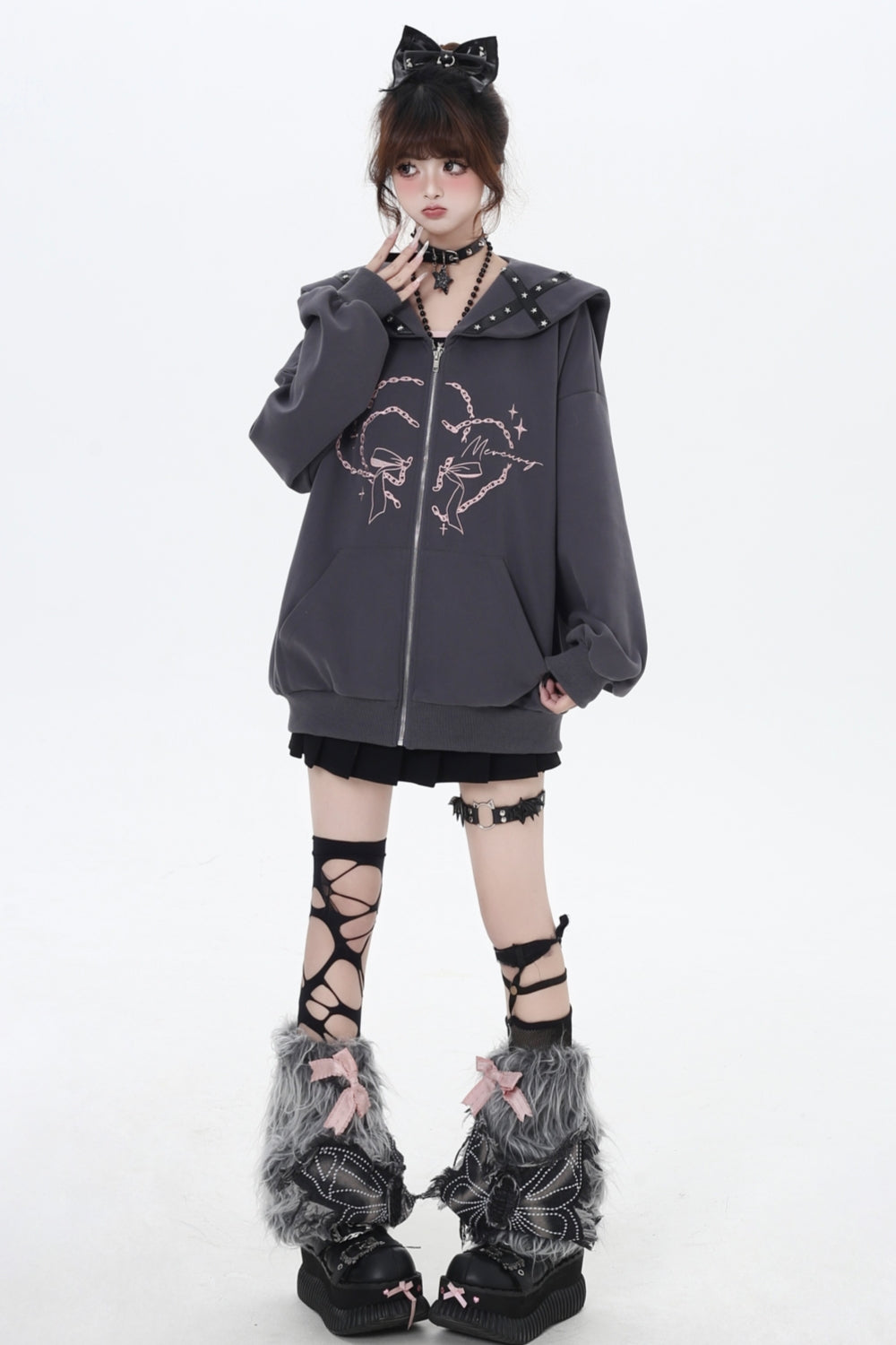 Pink/Gray Japanese Subculture Navy Collar Oversized Hooded Coat for Spring
