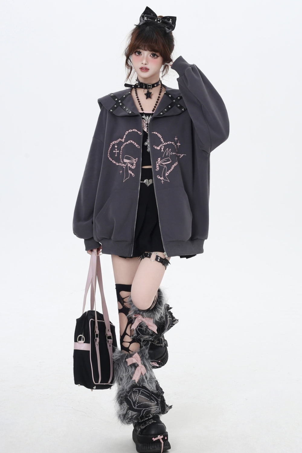 Pink/Gray Japanese Subculture Navy Collar Oversized Hooded Coat for Spring
