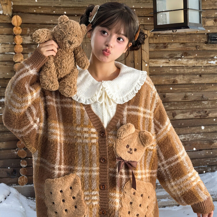 Cookie Bear Plaid Sweater Beige Shirt