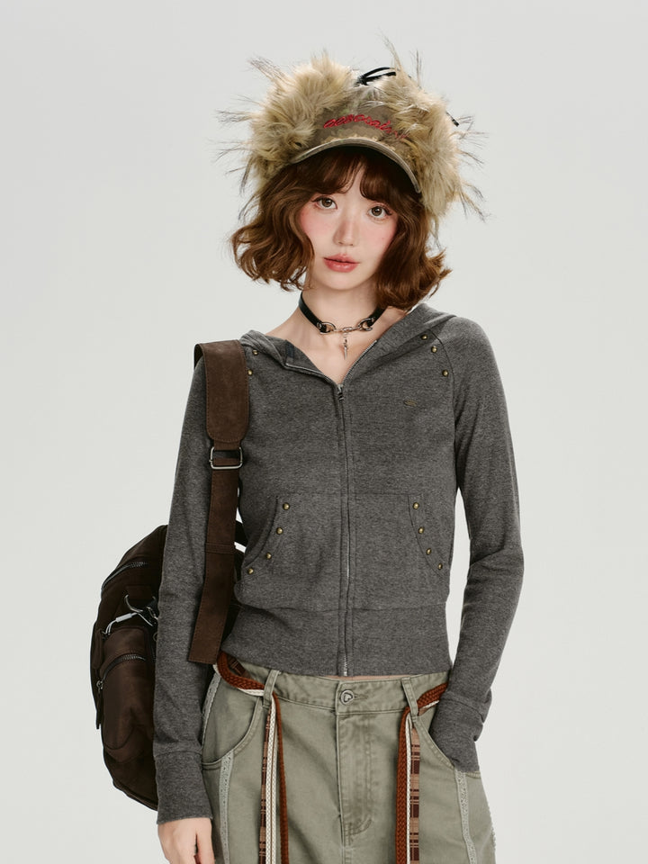 Grey Cropped Hooded Knit Sweater