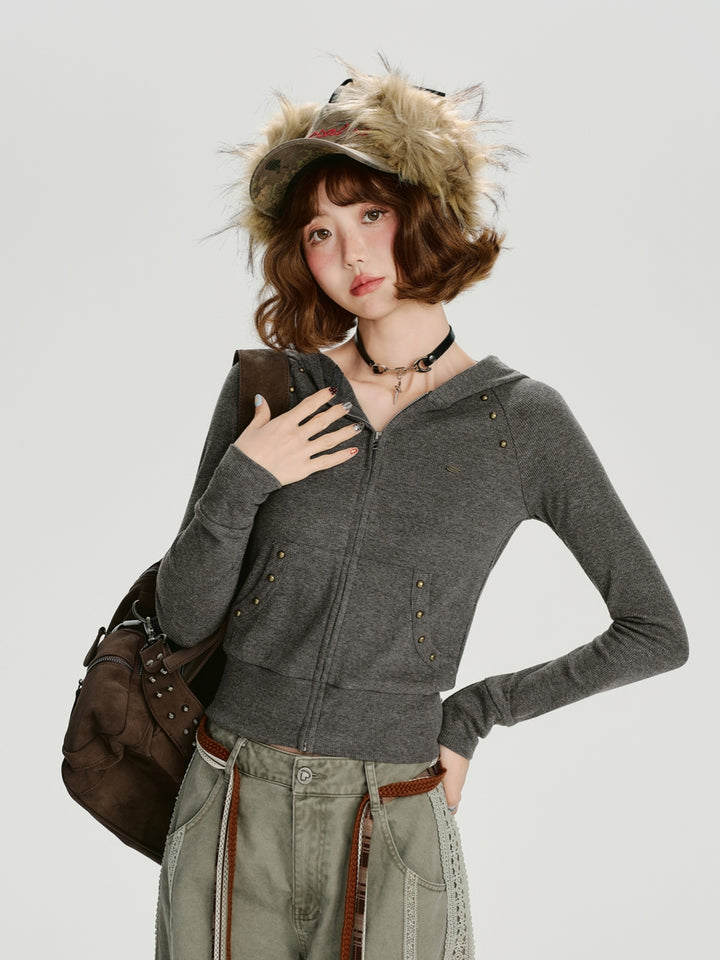 Grey Cropped Hooded Knit Sweater