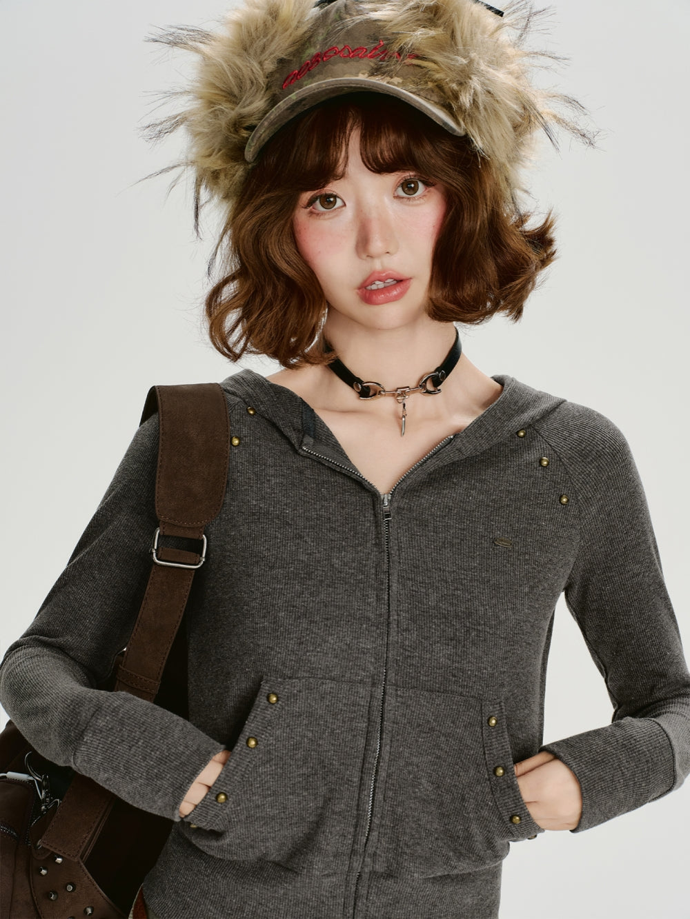 Grey Cropped Hooded Knit Sweater