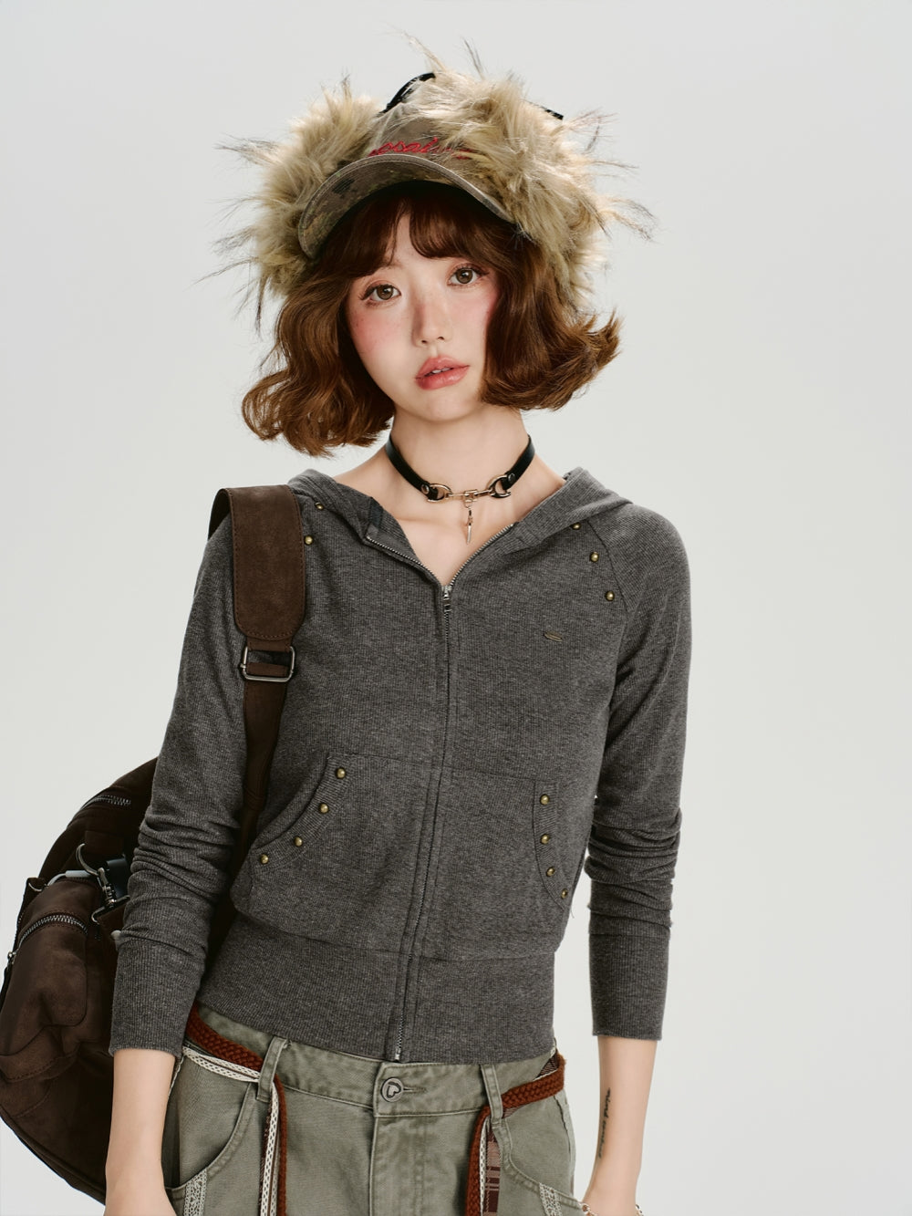 Grey Cropped Hooded Knit Sweater