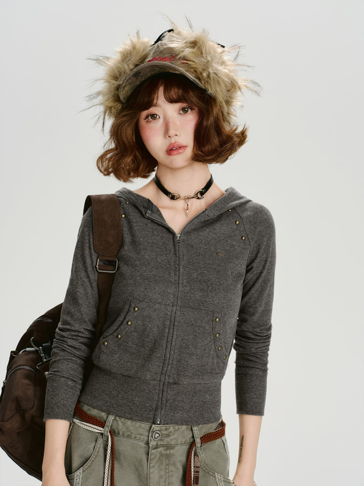 Grey Cropped Hooded Knit Sweater