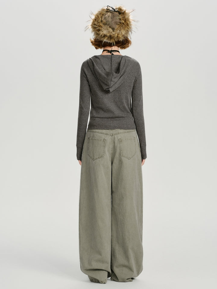 Grey Cropped Hooded Knit Sweater