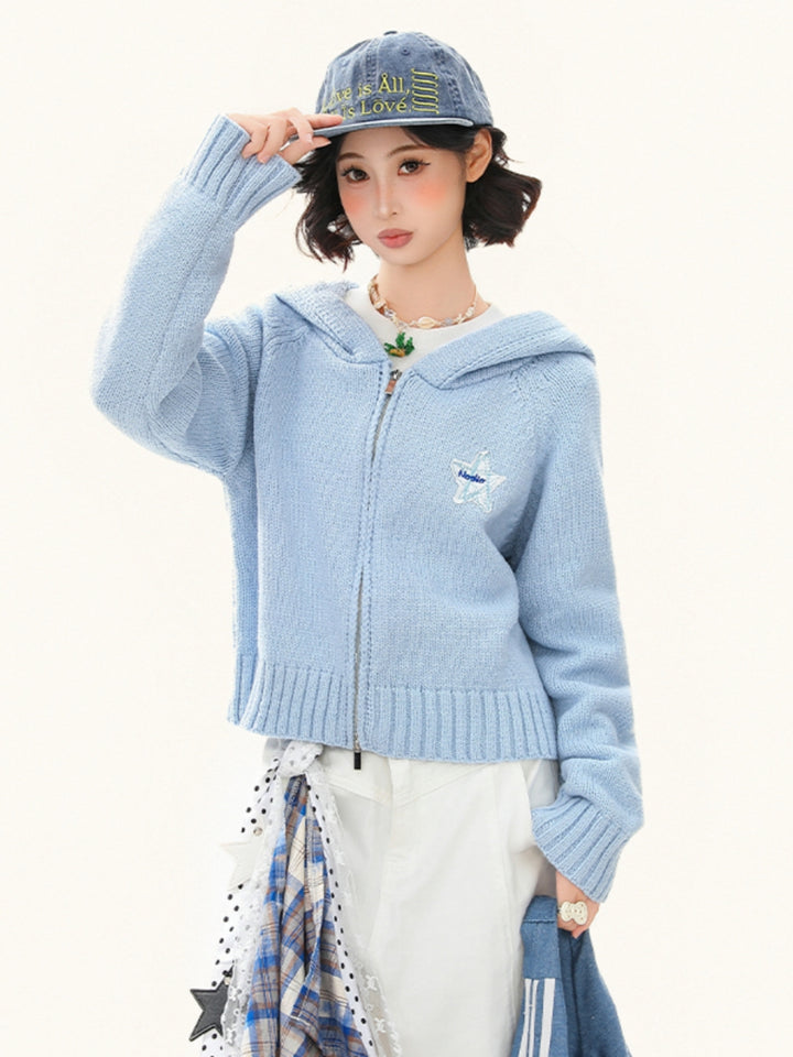 Cropped Zip Up Hoodie - Solid Color Knit Jacket