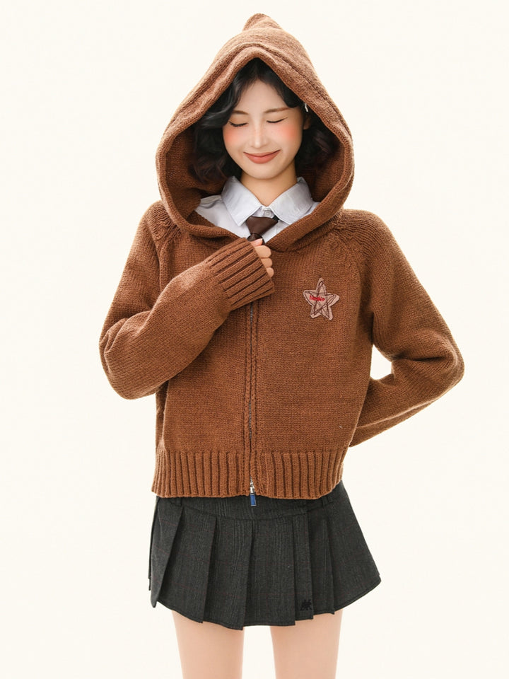 Cropped Zip Up Hoodie - Solid Color Knit Jacket