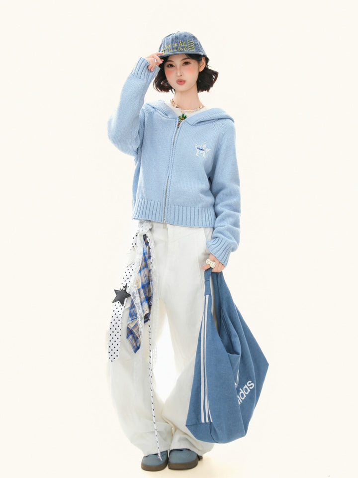 Cropped Zip Up Hoodie - Solid Color Knit Jacket