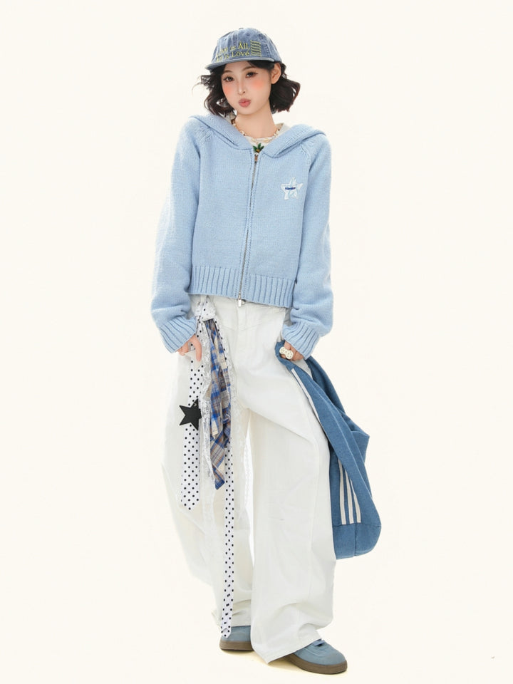 Cropped Zip Up Hoodie - Solid Color Knit Jacket