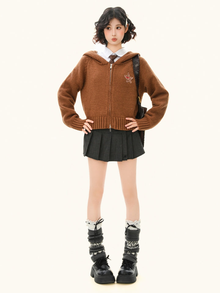 Cropped Zip Up Hoodie - Solid Color Knit Jacket