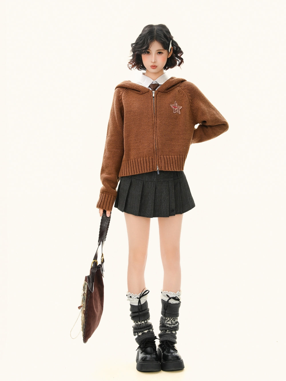 Cropped Zip Up Hoodie - Solid Color Knit Jacket