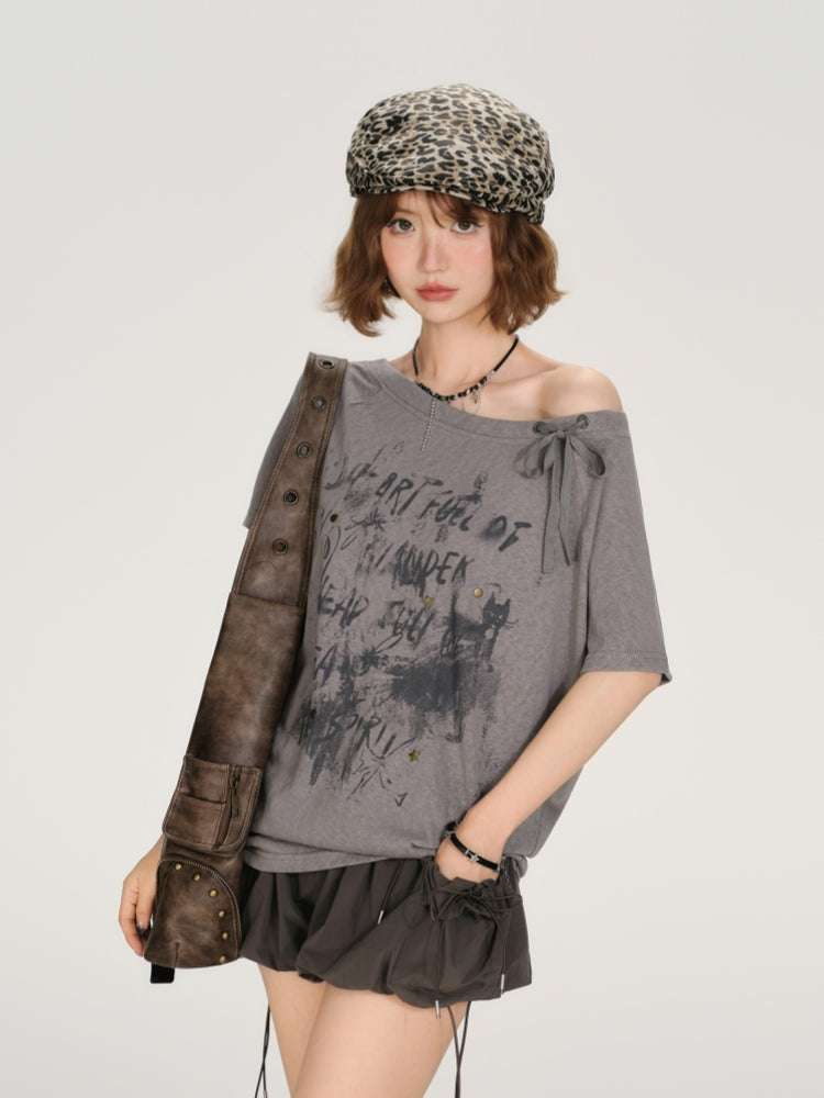 Cute Asymmetrical Letter Graphic Top