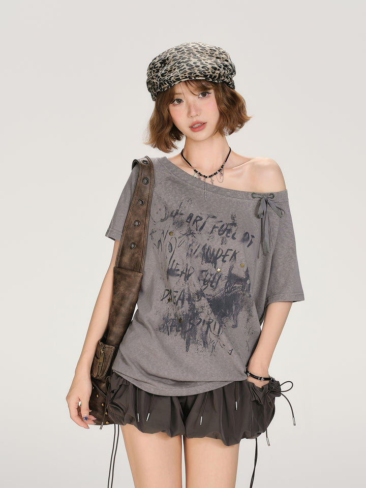 Cute Asymmetrical Letter Graphic Top