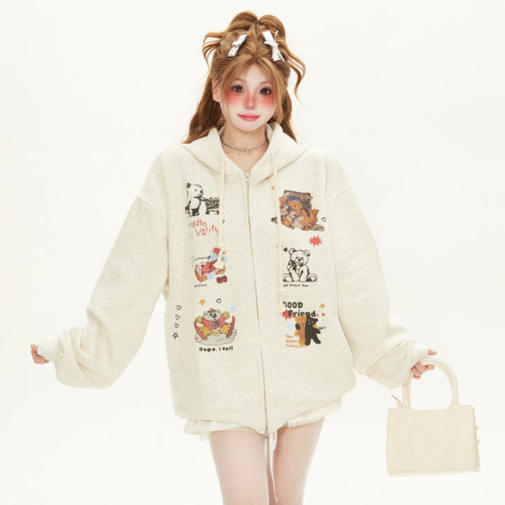 Cute Bear Print Zipper Hooded