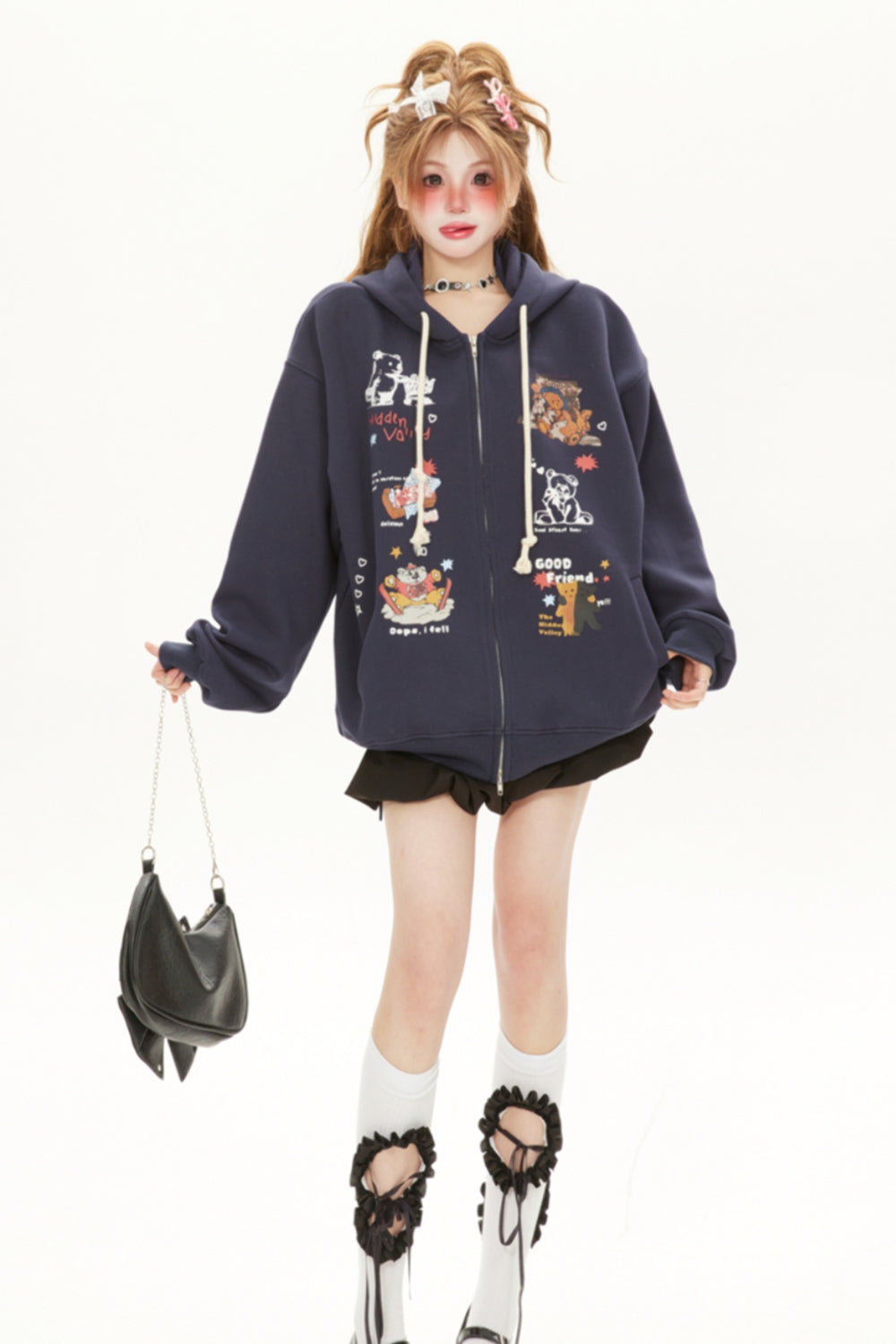 Cute Bear Print Zipper Hooded