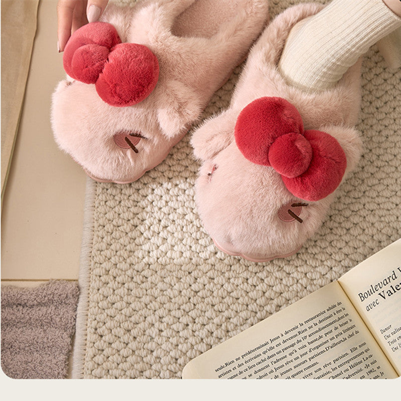 Cute Bow Cartoon Cat Plush Slipper