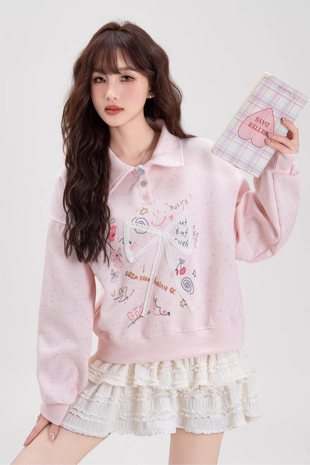 Cute Bow Letter Print Polo Sweatshirt