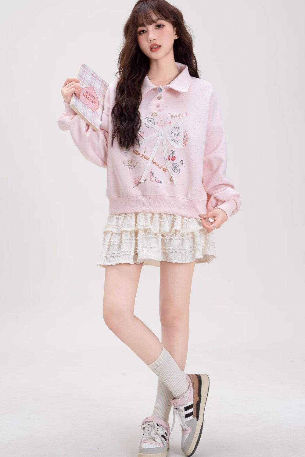 Cute Bow Letter Print Polo Sweatshirt