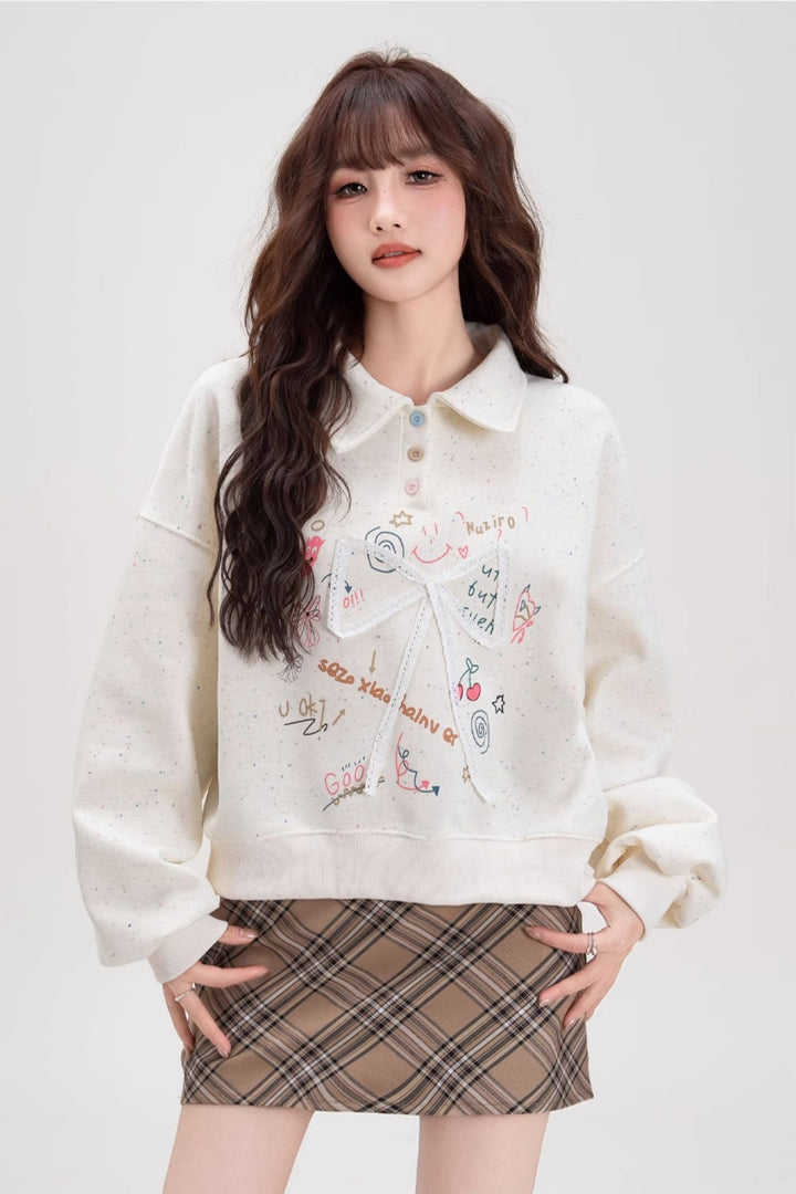 Cute Bow Letter Print Polo Sweatshirt