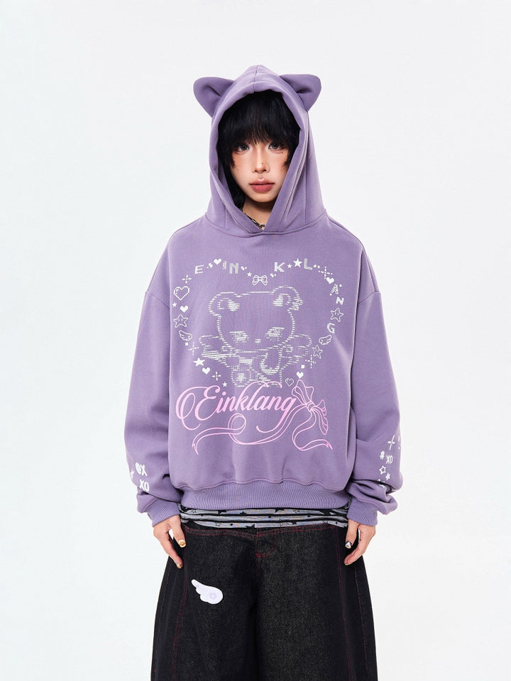 Cute Heart Print Floppy Ear Hoodie