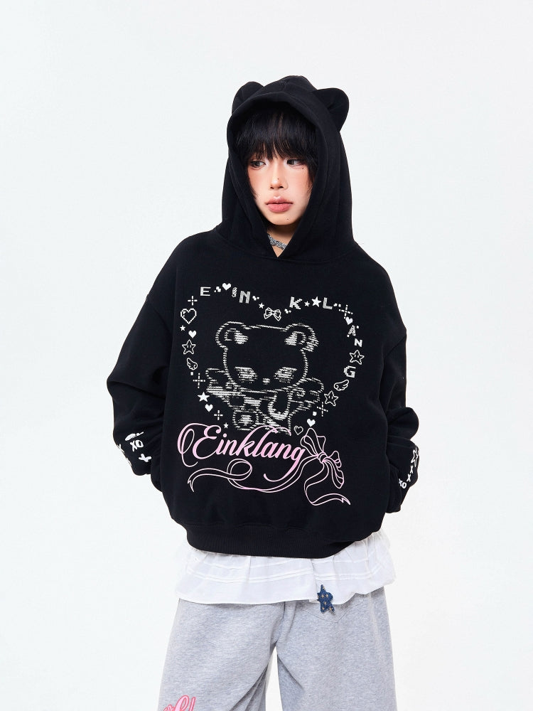 Cute Heart Print Floppy Ear Hoodie