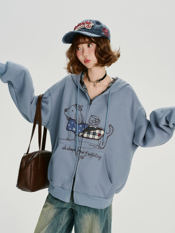 Cute Puppy Embroidery Zip-Up Hoodie Top