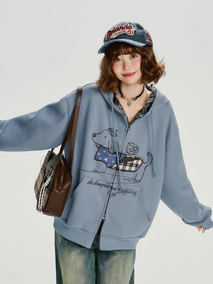 Cute Puppy Embroidery Zip-Up Hoodie Top